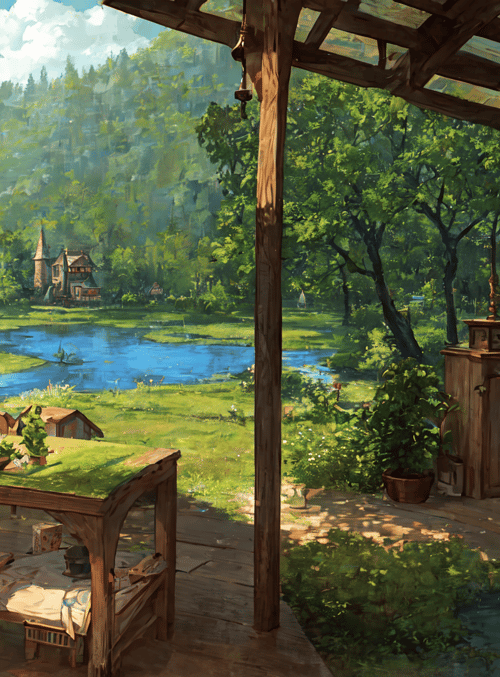 wooden deck, table, cabin, forest, river, house, trees, plants, river, boat