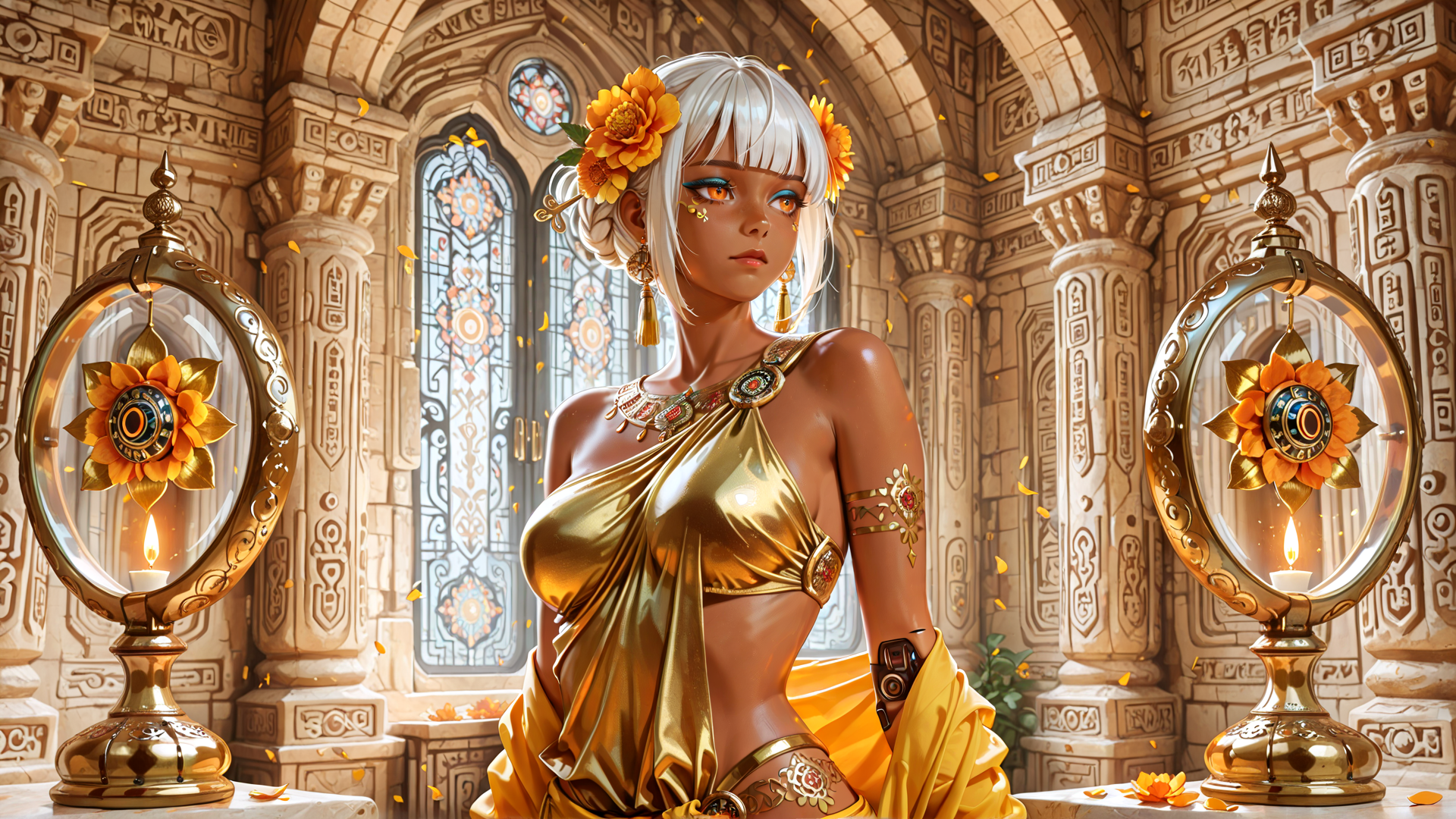 AI generated wallpaper featuring woman, goddess, flower, candle, chalice, column, window, dress, jewelry, temple