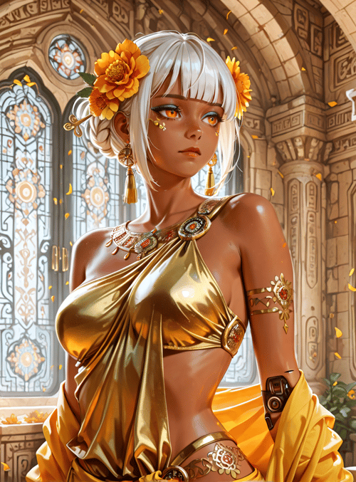 woman, goddess, flower, candle, chalice, column, window, dress, jewelry, temple