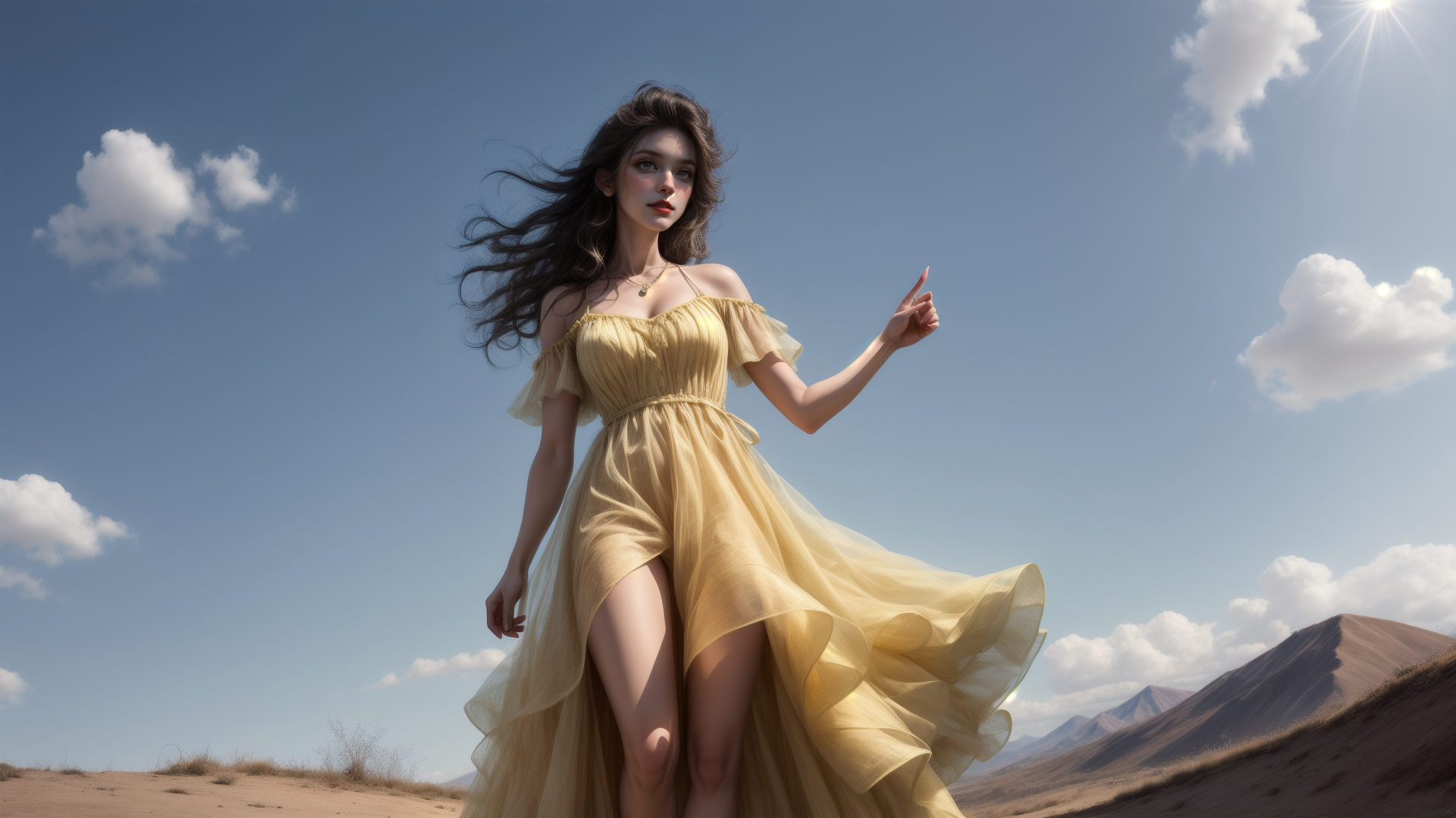 AI generated wallpaper featuring woman, dress, landscape