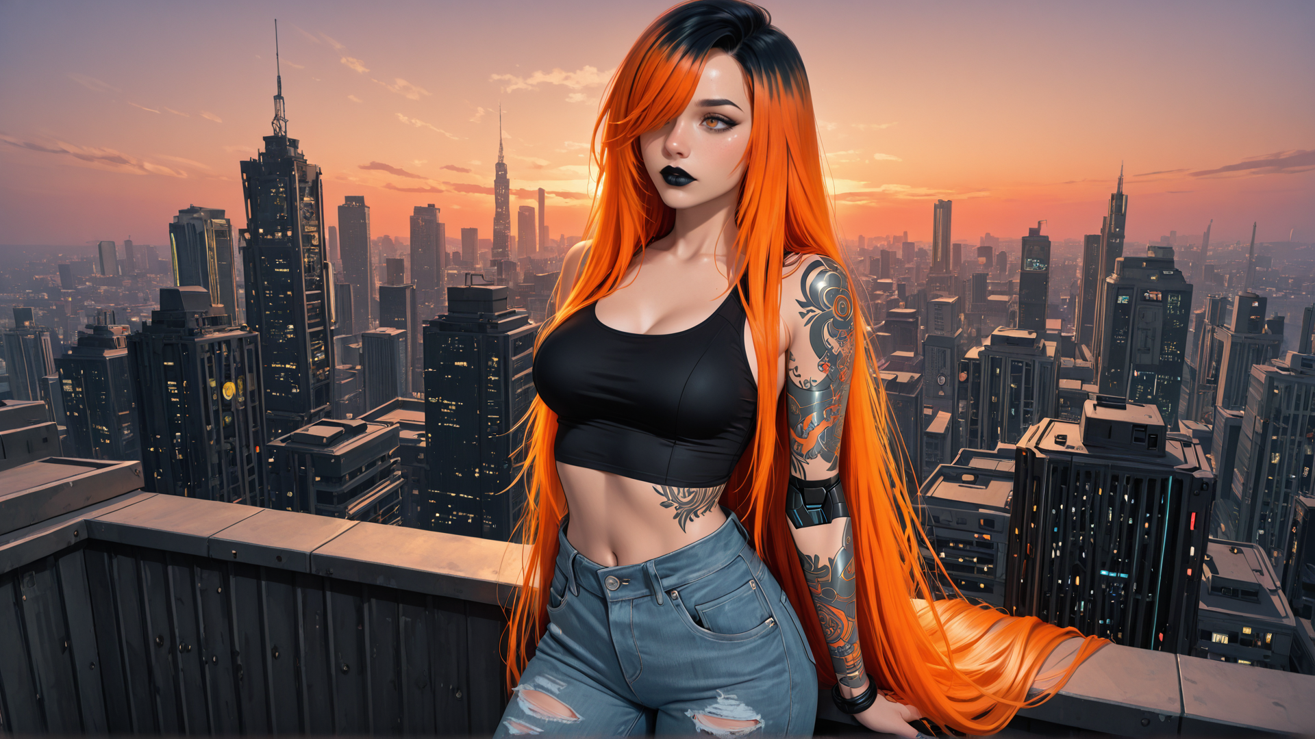 AI generated wallpaper featuring woman, tattoo, cityscape, sunset, hair