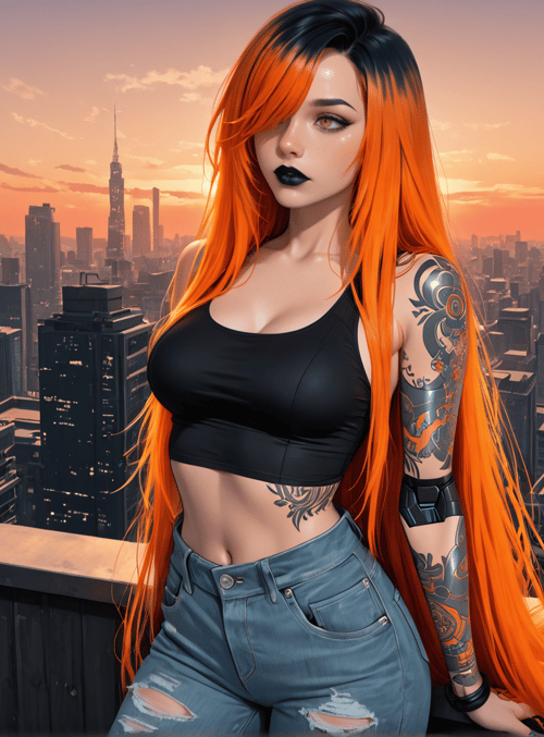 woman, tattoo, cityscape, sunset, hair