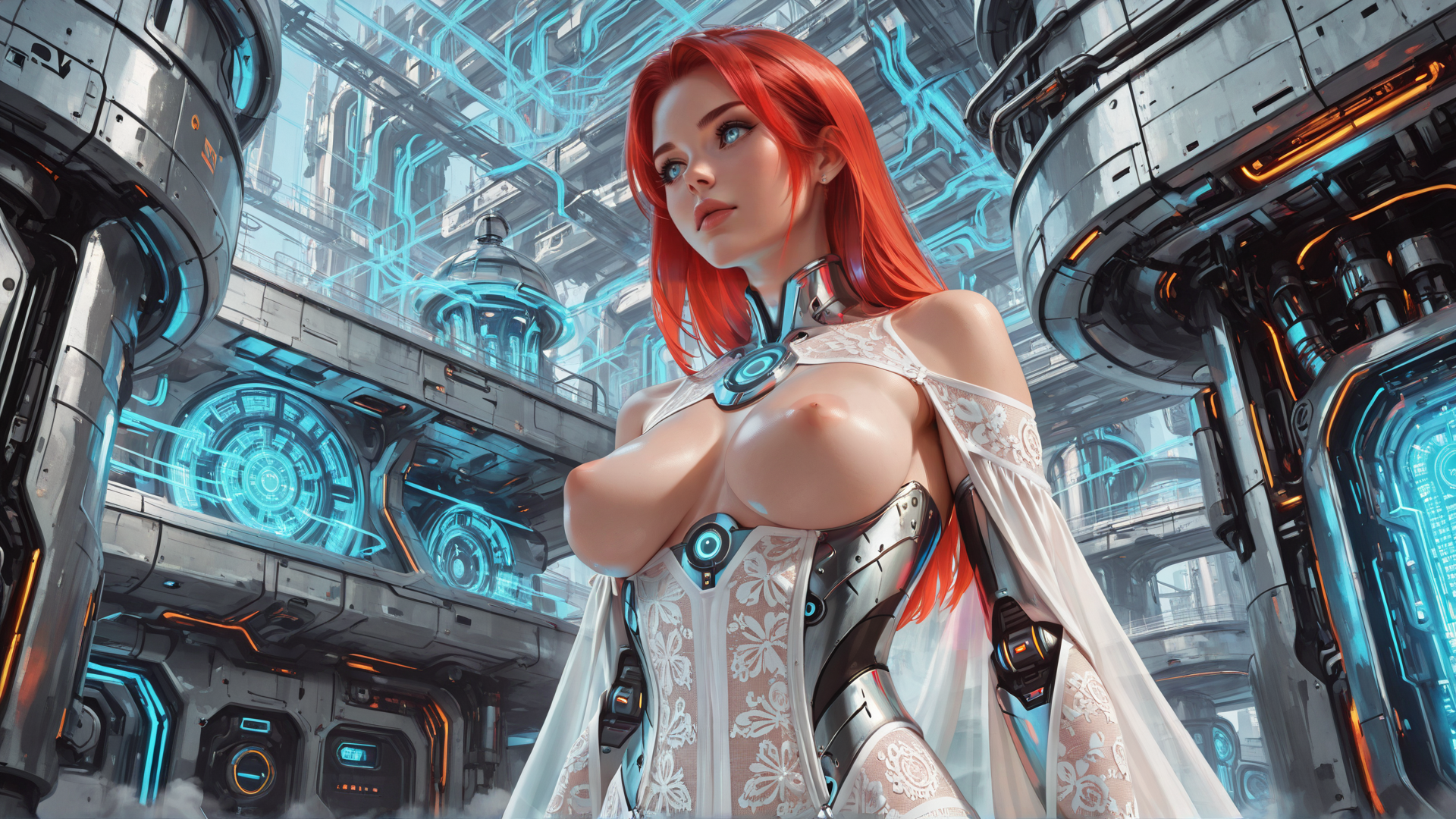 AI generated wallpaper featuring cyborg, woman, red hair, futuristic, dress