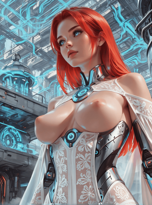 cyborg, woman, red hair, futuristic, dress