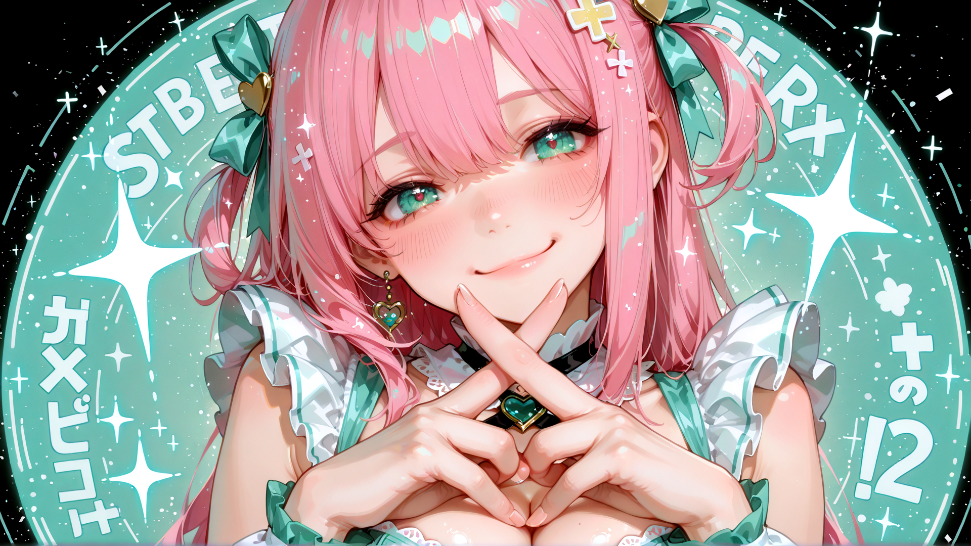 AI generated wallpaper featuring anime girl, pink hair, heart gesture, green bow, sparkles