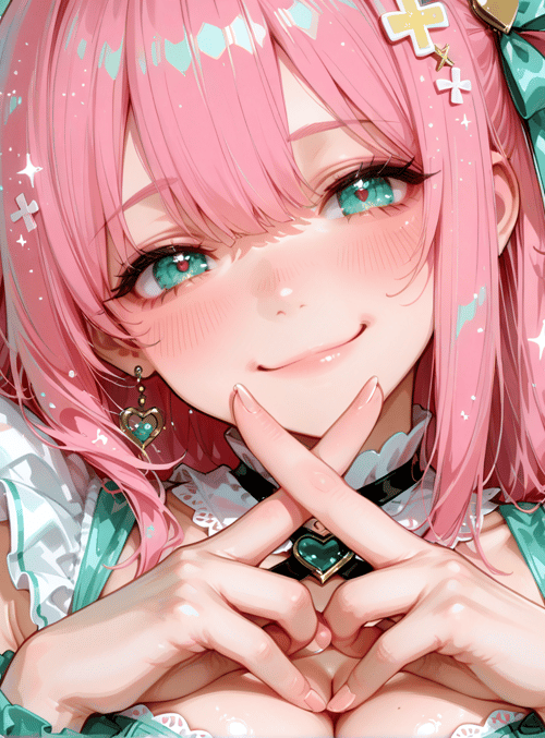 anime girl, pink hair, heart gesture, green bow, sparkles