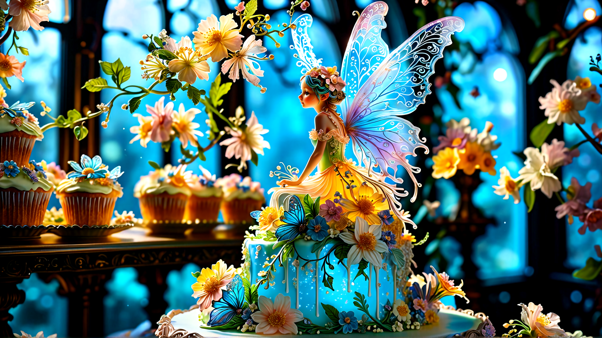 AI generated wallpaper featuring fairy, cupcake, flower, butterfly, cake, candle, window