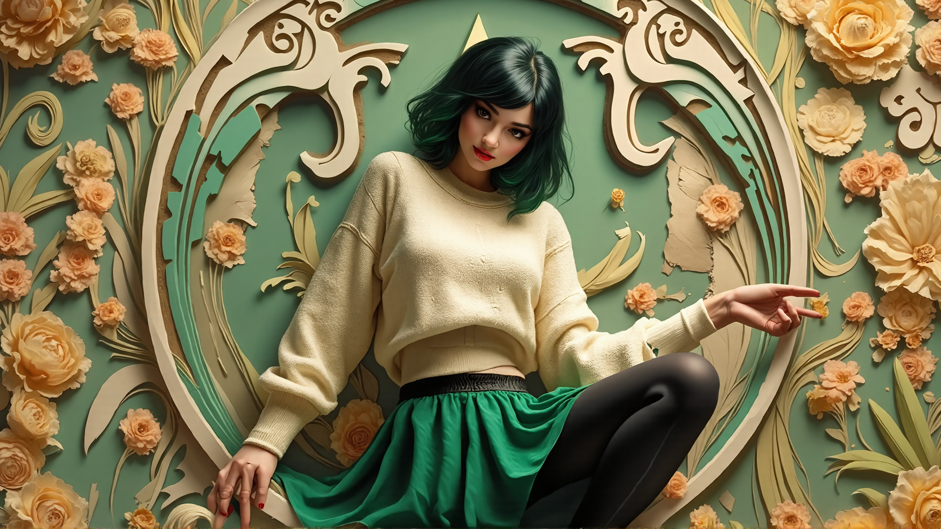 AI generated wallpaper featuring woman, flowers, sweater, skirt, tights, frame, roses, art