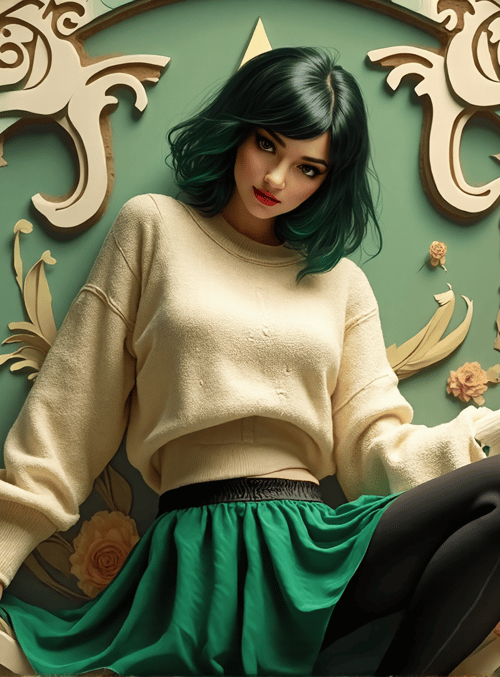 woman, flowers, sweater, skirt, tights, frame, roses, art
