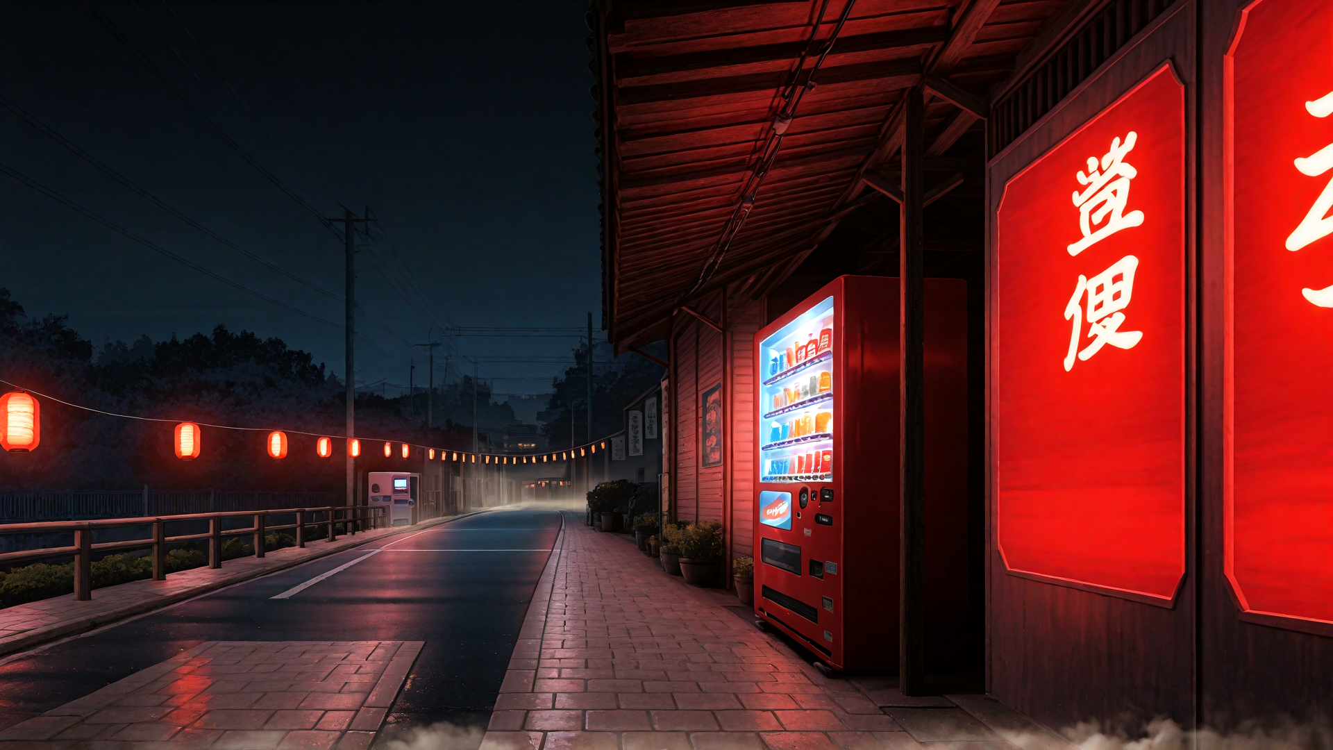 AI generated wallpaper featuring street, vending machine, signboard, lantern, building, road, cloud, plant, power line, fog