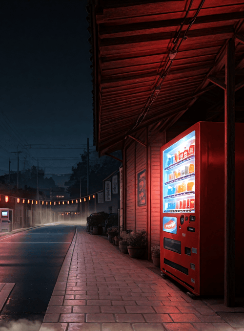 street, vending machine, signboard, lantern, building, road, cloud, plant, power line, fog