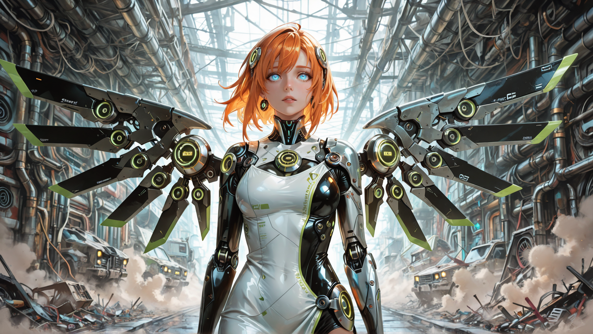 AI generated wallpaper featuring cyborg, woman, robot, arms, vehicle, pipes, wings, mechanism, destroyed, drones