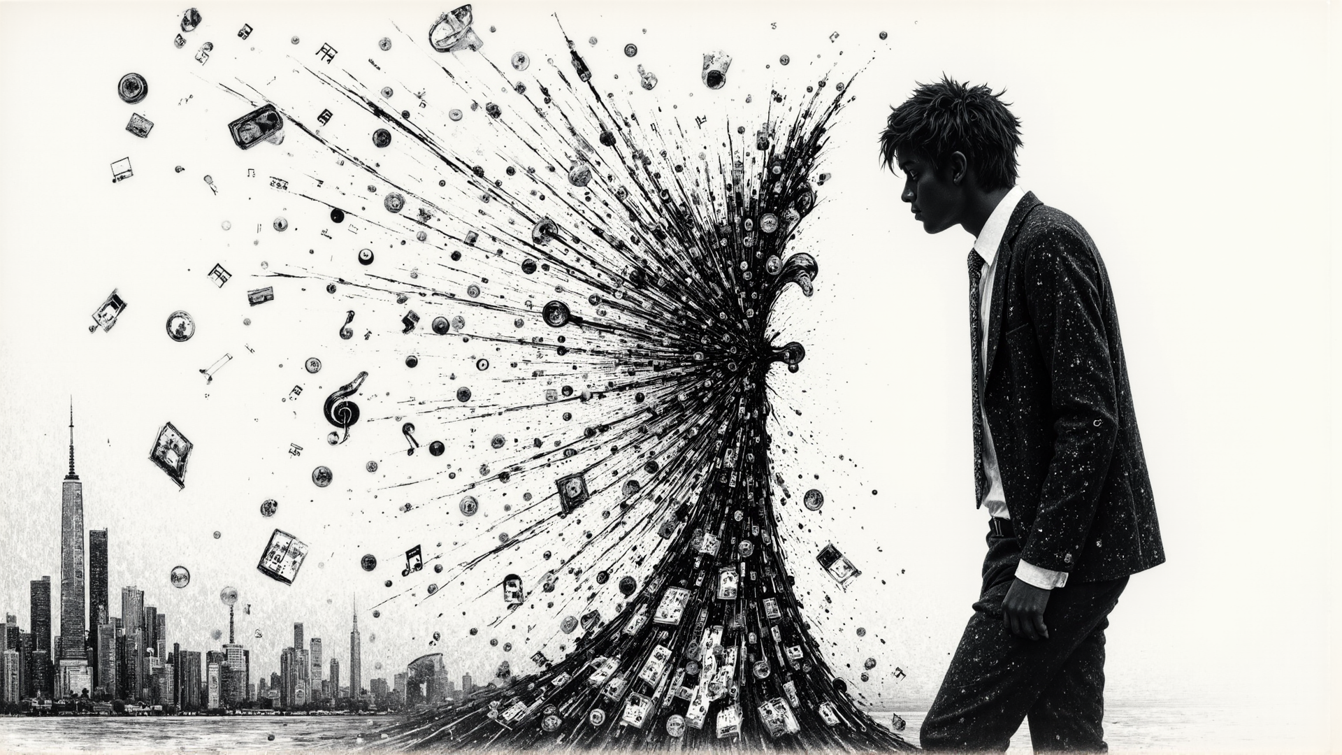 AI generated wallpaper featuring man, cityscape, digital particles, music notes, book, coins, glasses, clock, building, art