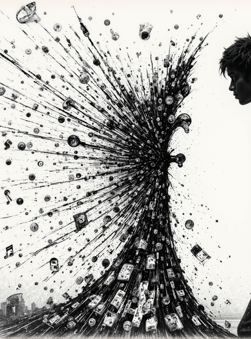 man, cityscape, digital particles, music notes, book, coins, glasses, clock, building, art