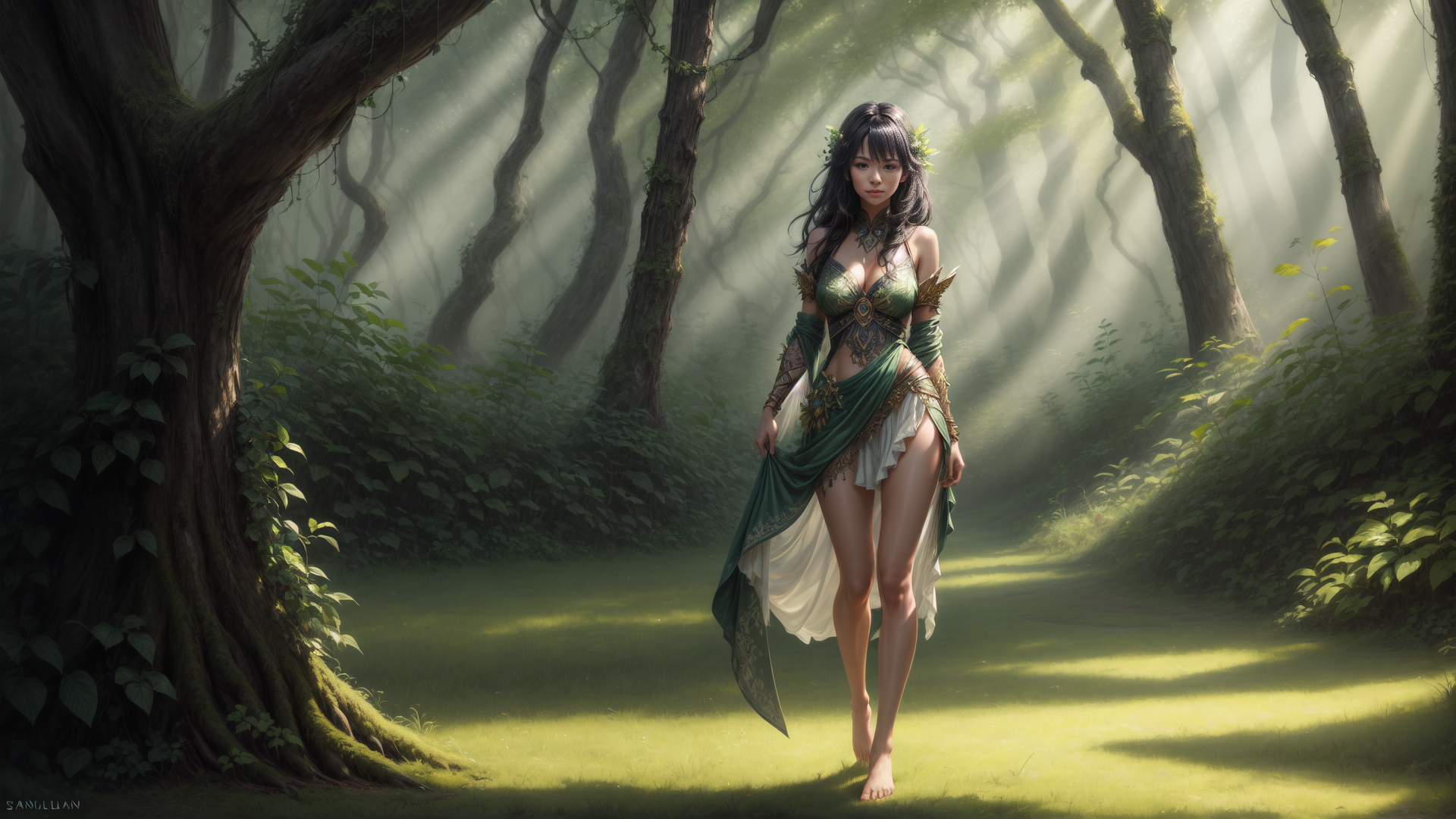 AI generated wallpaper featuring woman, forest, nature