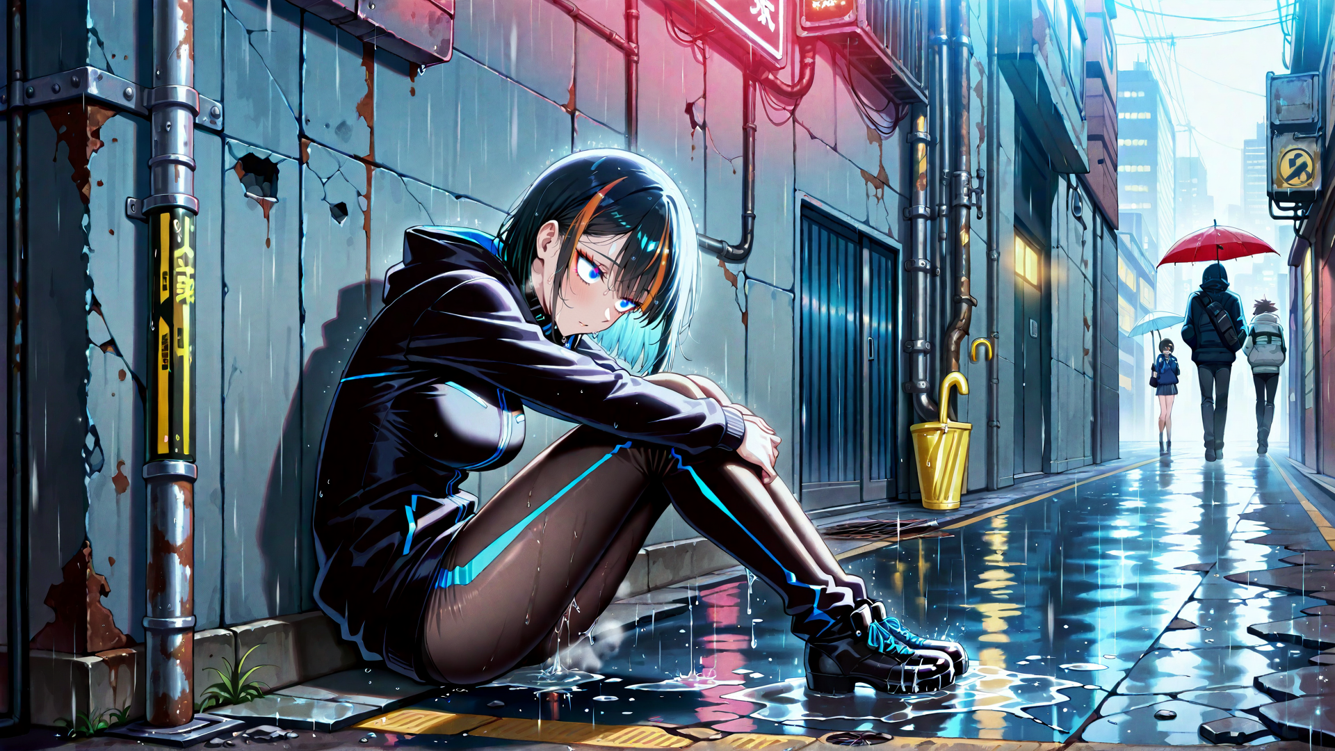 AI generated wallpaper featuring girl, rain, alleyway, umbrella, city