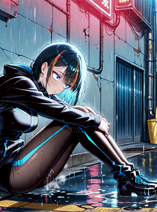 girl, rain, alleyway, umbrella, city