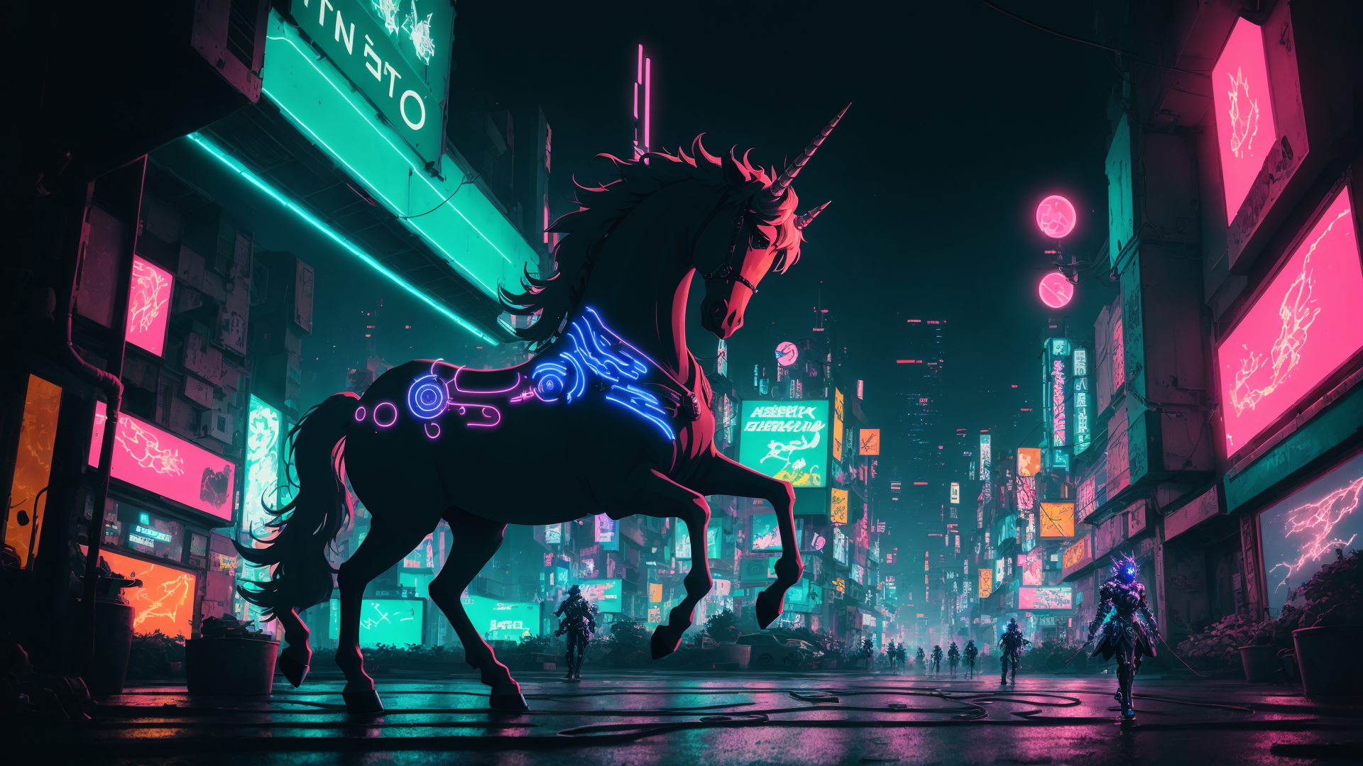 AI generated wallpaper featuring unicorn, cyberpunk, city