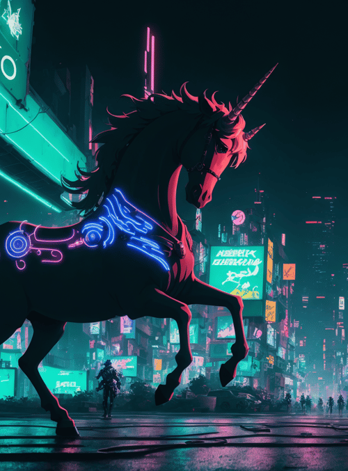 unicorn, cyberpunk, city