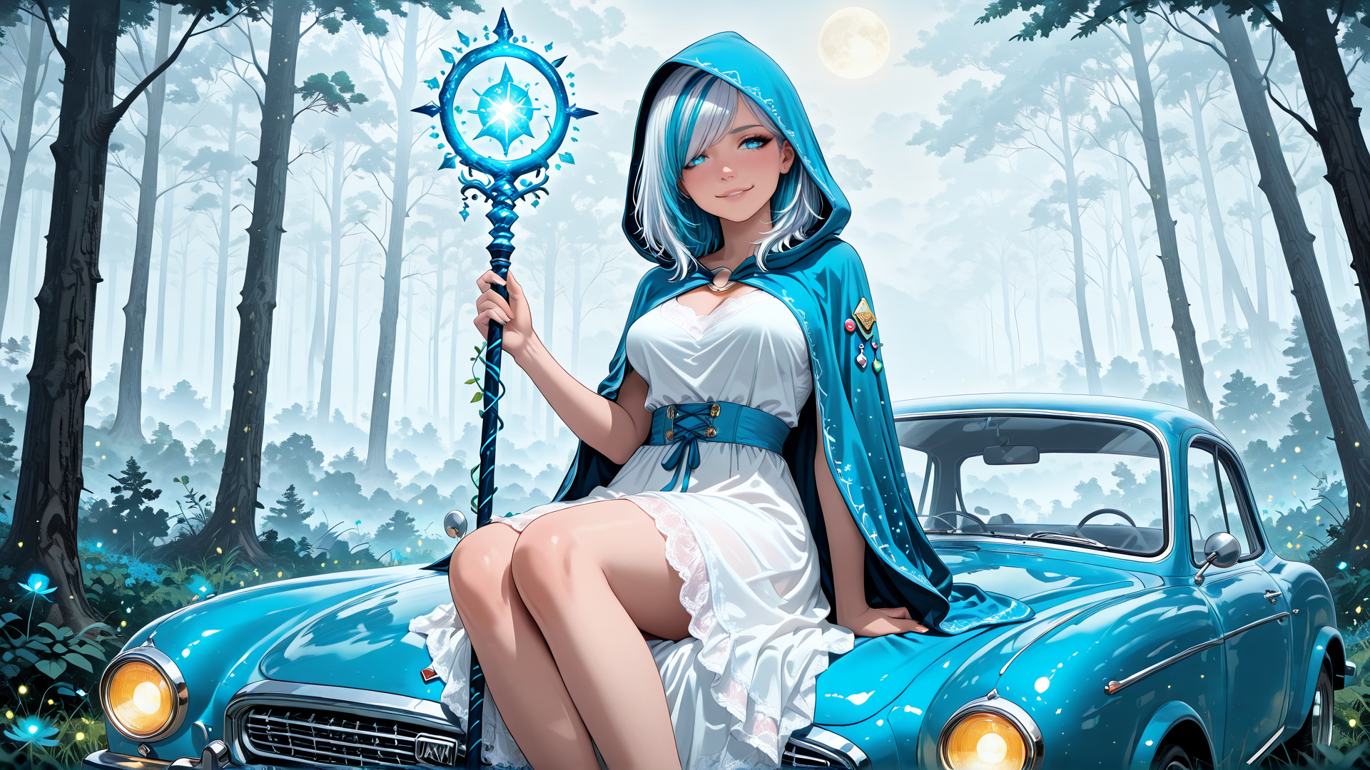 AI generated wallpaper featuring witch, car, forest, girl, staff