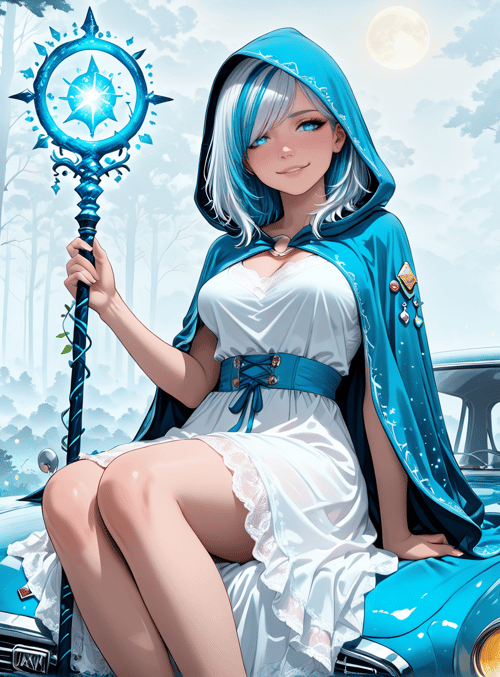 witch, car, forest, girl, staff