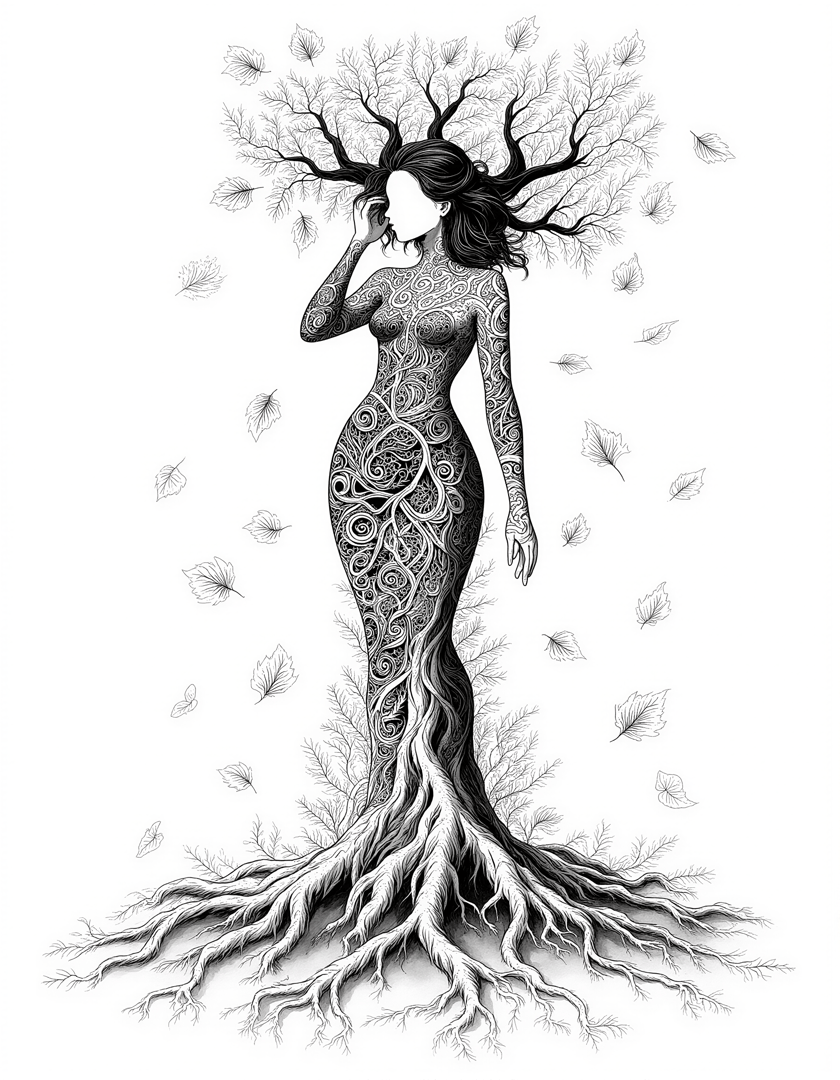 AI generated wallpaper featuring woman, tree, roots, leaves, art
