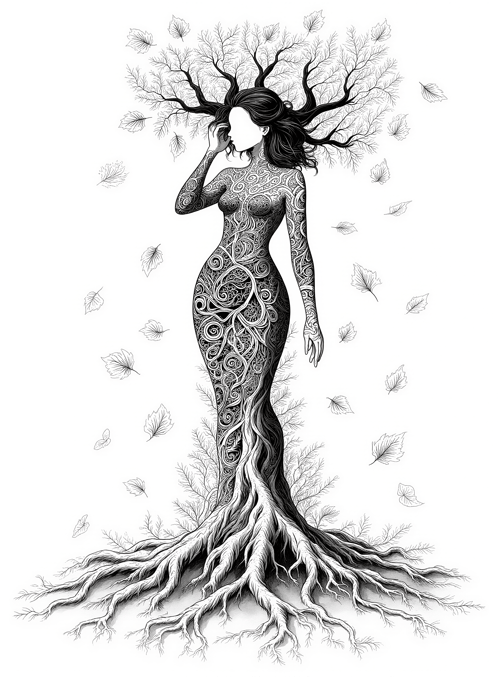 woman, tree, roots, leaves, art
