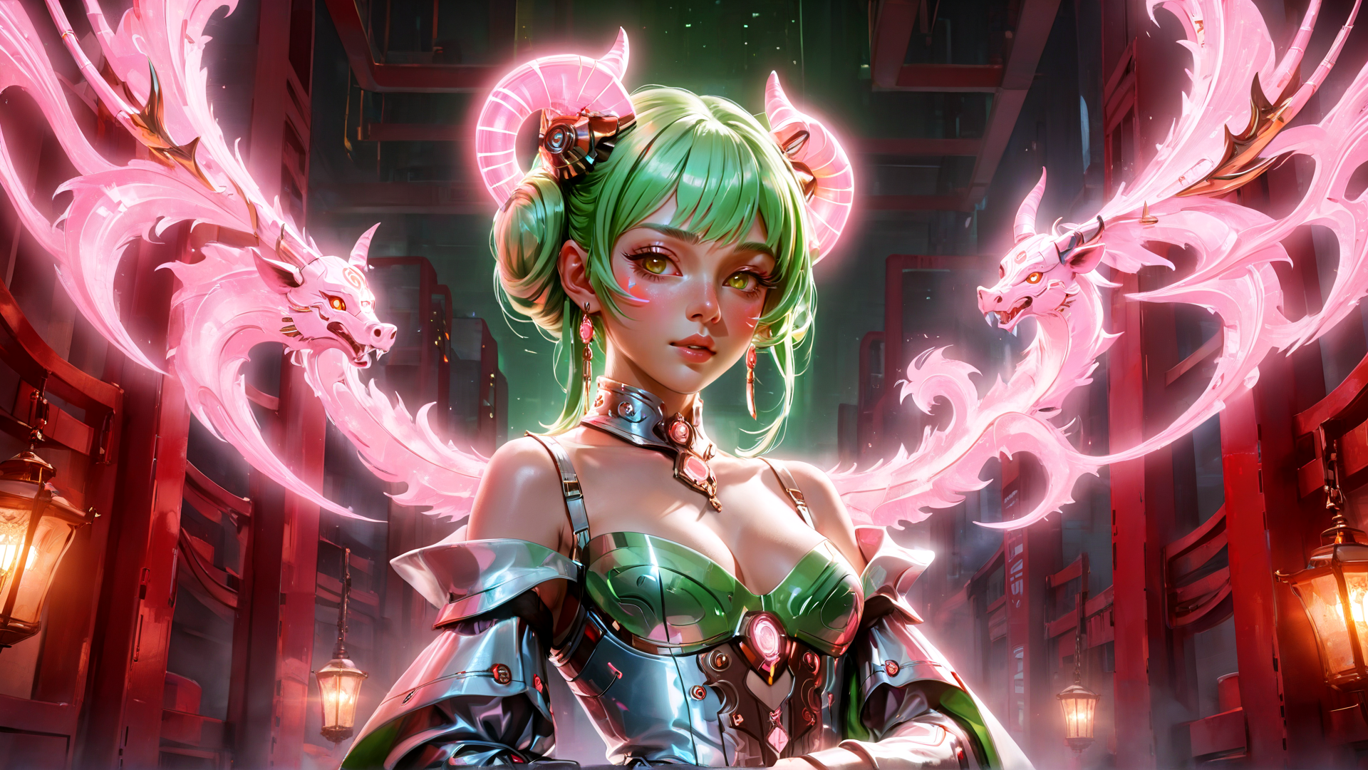 AI generated wallpaper featuring woman, dragon, goggles, armor, lanterns, buildings