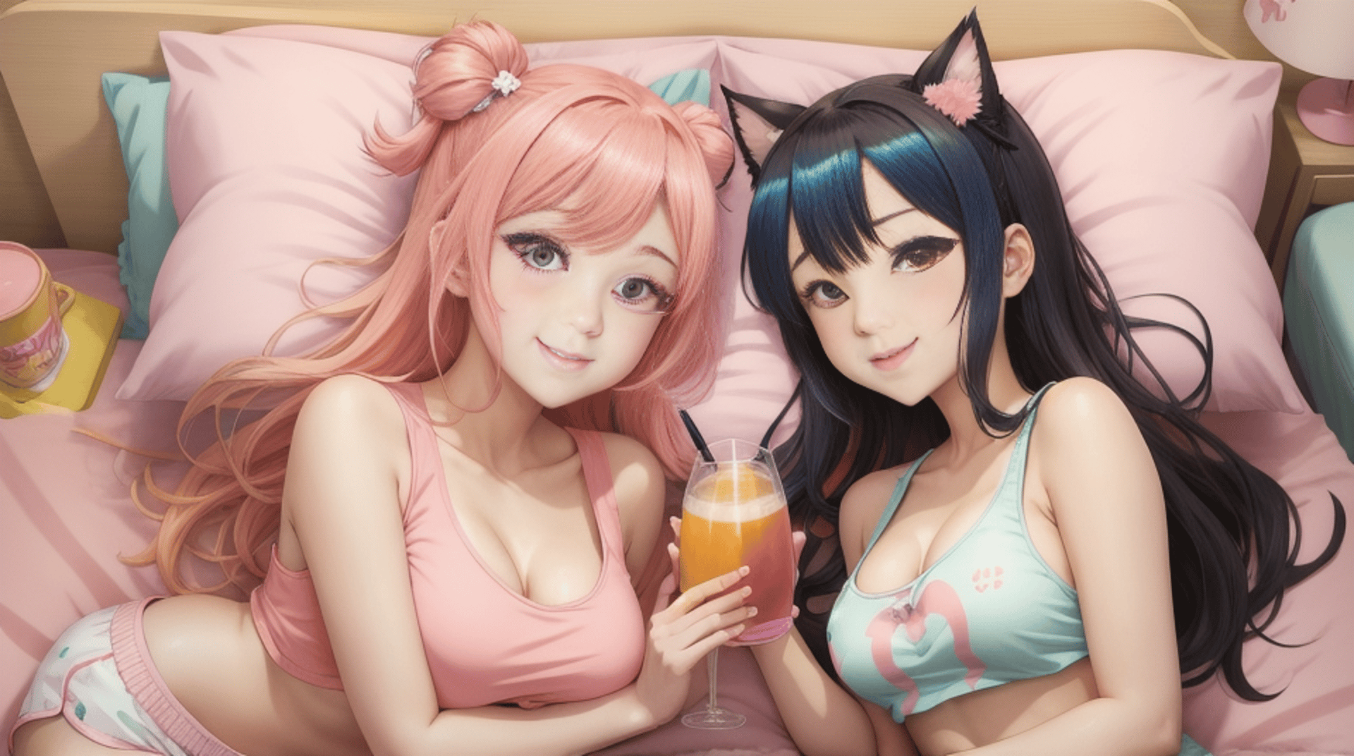 AI generated wallpaper featuring girls, cat ears, bed