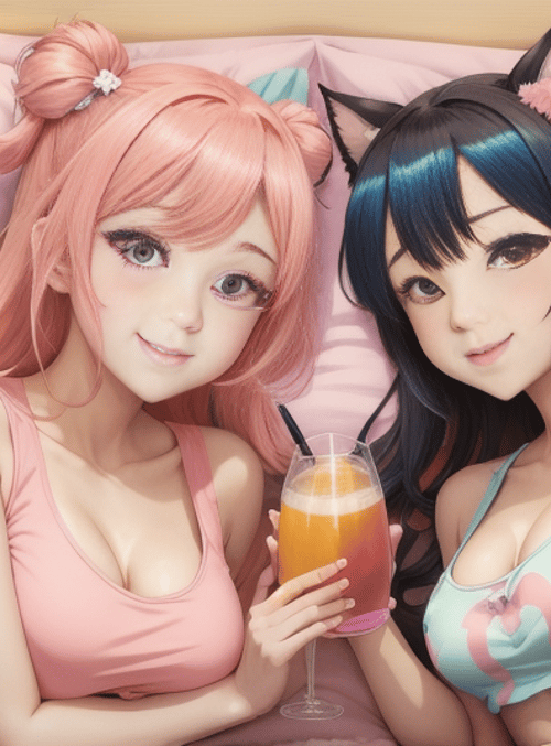 girls, cat ears, bed