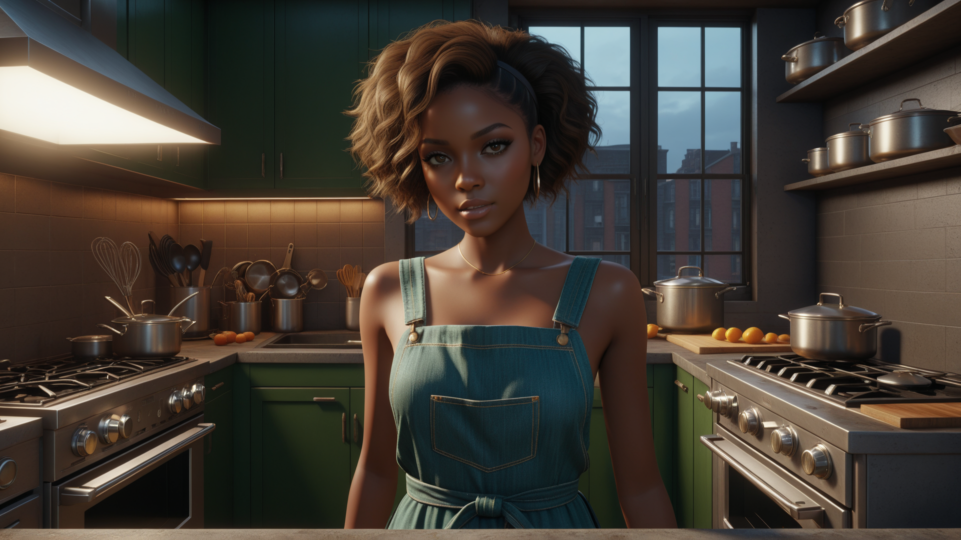 AI generated wallpaper featuring woman, kitchen, overalls, cookware, appliances, windows, utensils, pot, orange, carrot