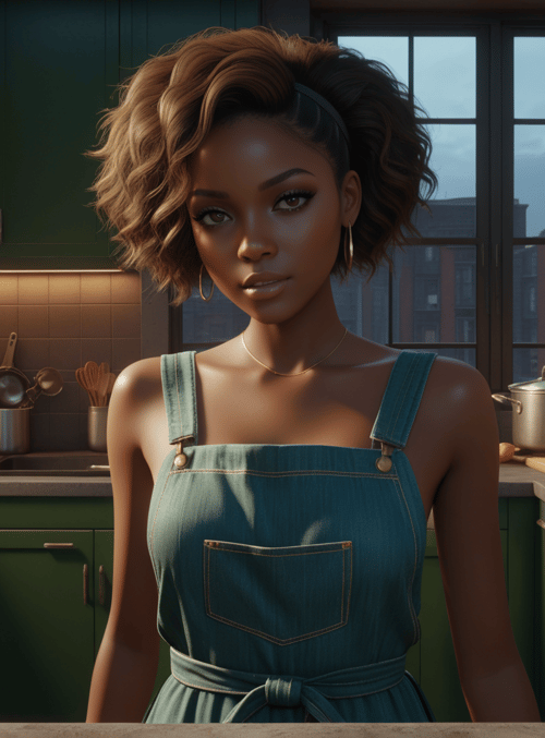 woman, kitchen, overalls, cookware, appliances, windows, utensils, pot, orange, carrot