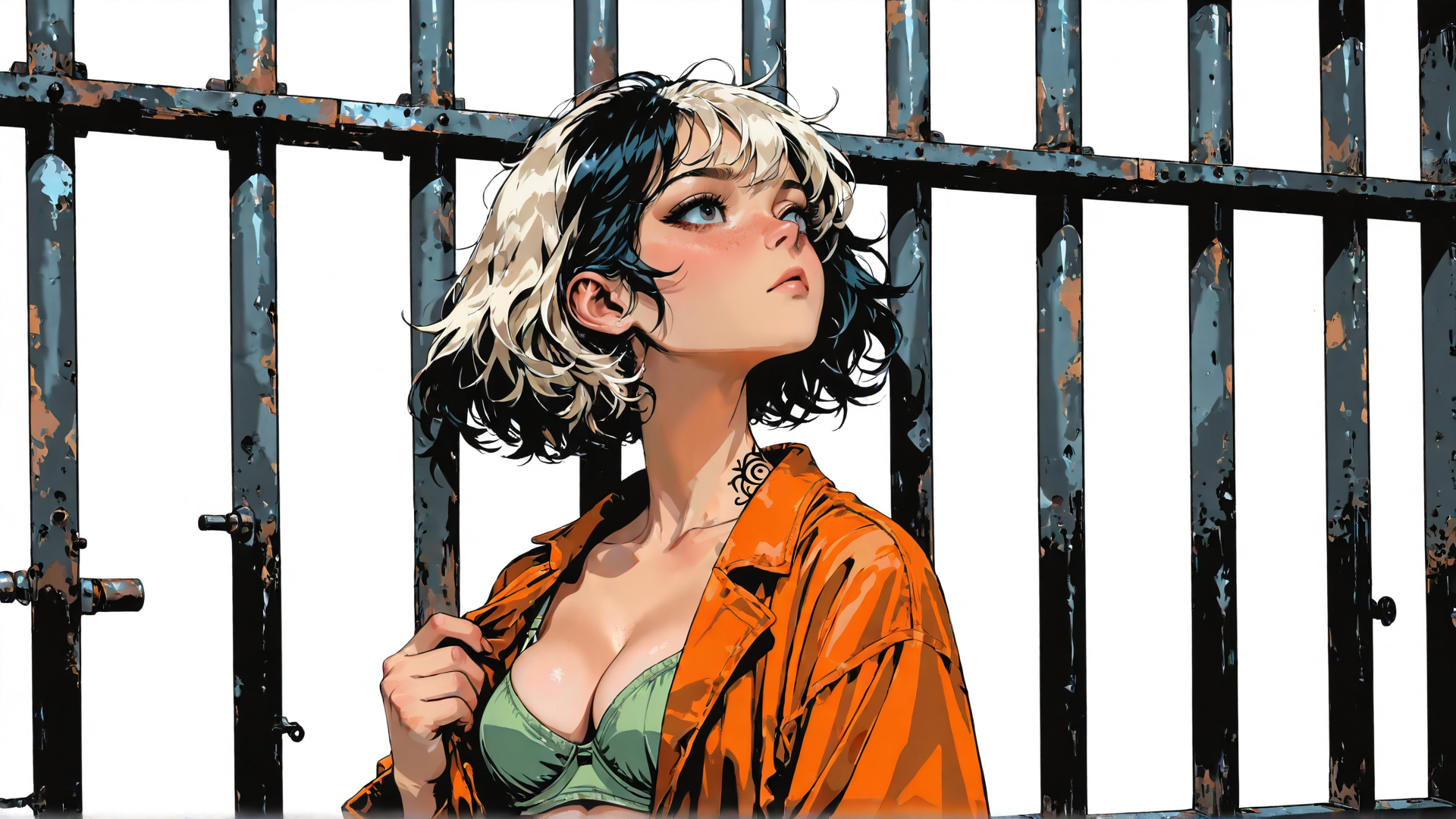AI generated wallpaper featuring woman, prison bars, orange jumpsuit, tattoo, hair