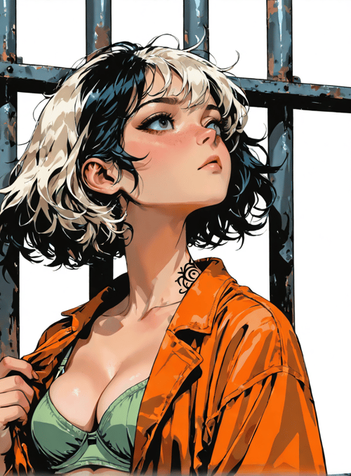 woman, prison bars, orange jumpsuit, tattoo, hair