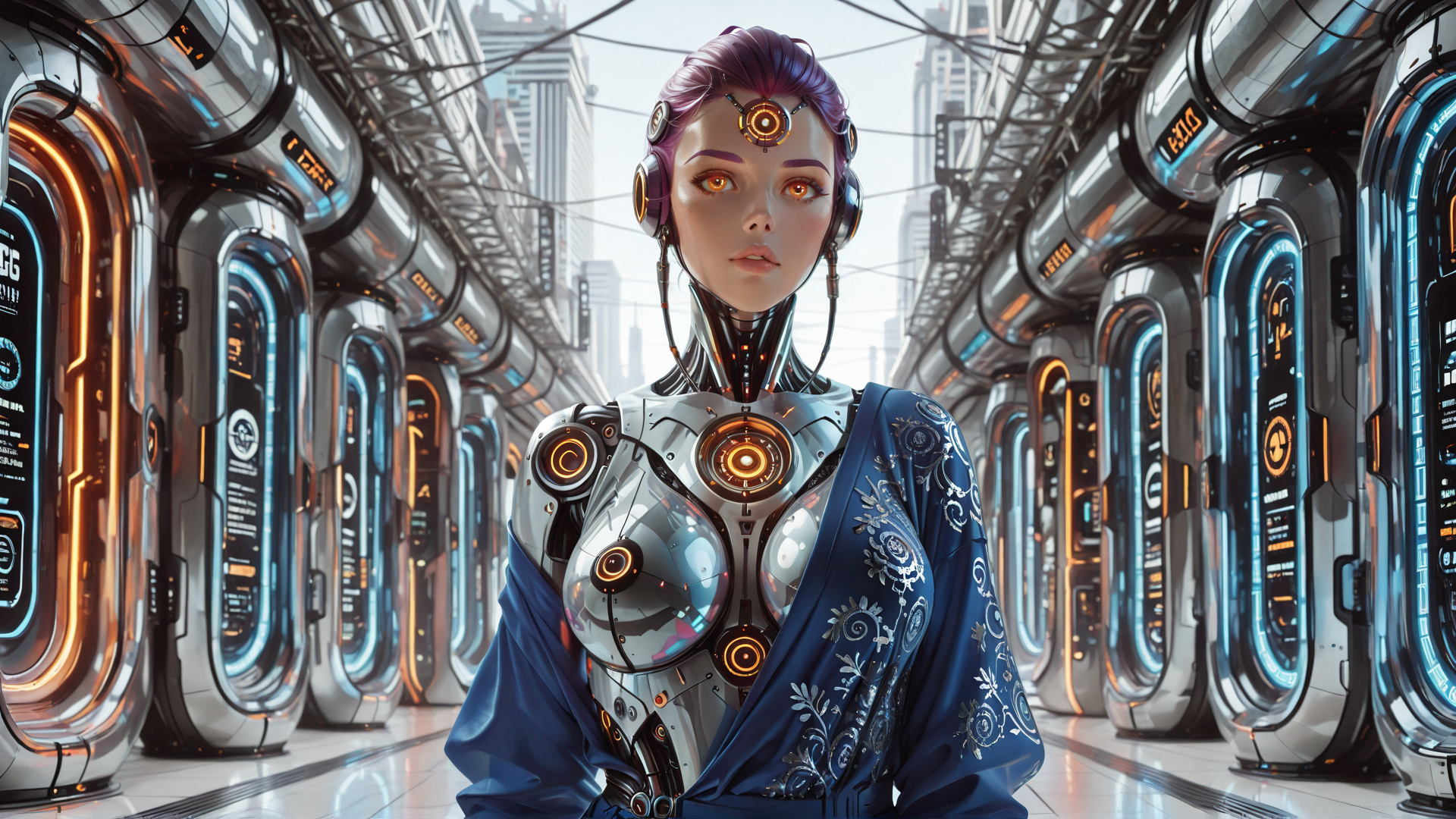 AI generated wallpaper featuring robot, cyborg, robotic, futuristic, corridor, cityscape, headset, jacket, circuit, panel