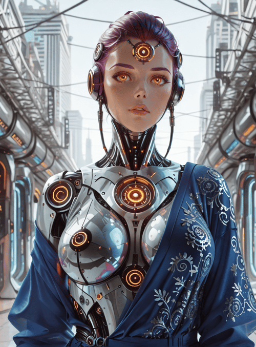 robot, cyborg, robotic, futuristic, corridor, cityscape, headset, jacket, circuit, panel