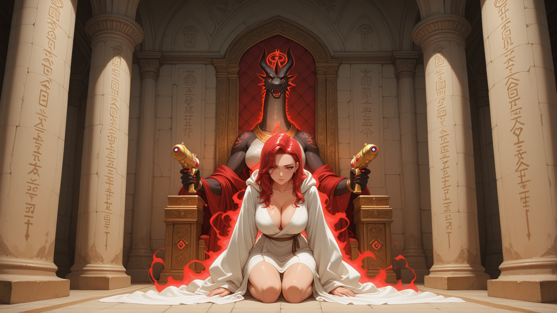 AI generated wallpaper featuring woman, dragon, goddess, guns, columns, ancient, cathedral, red, white, robe