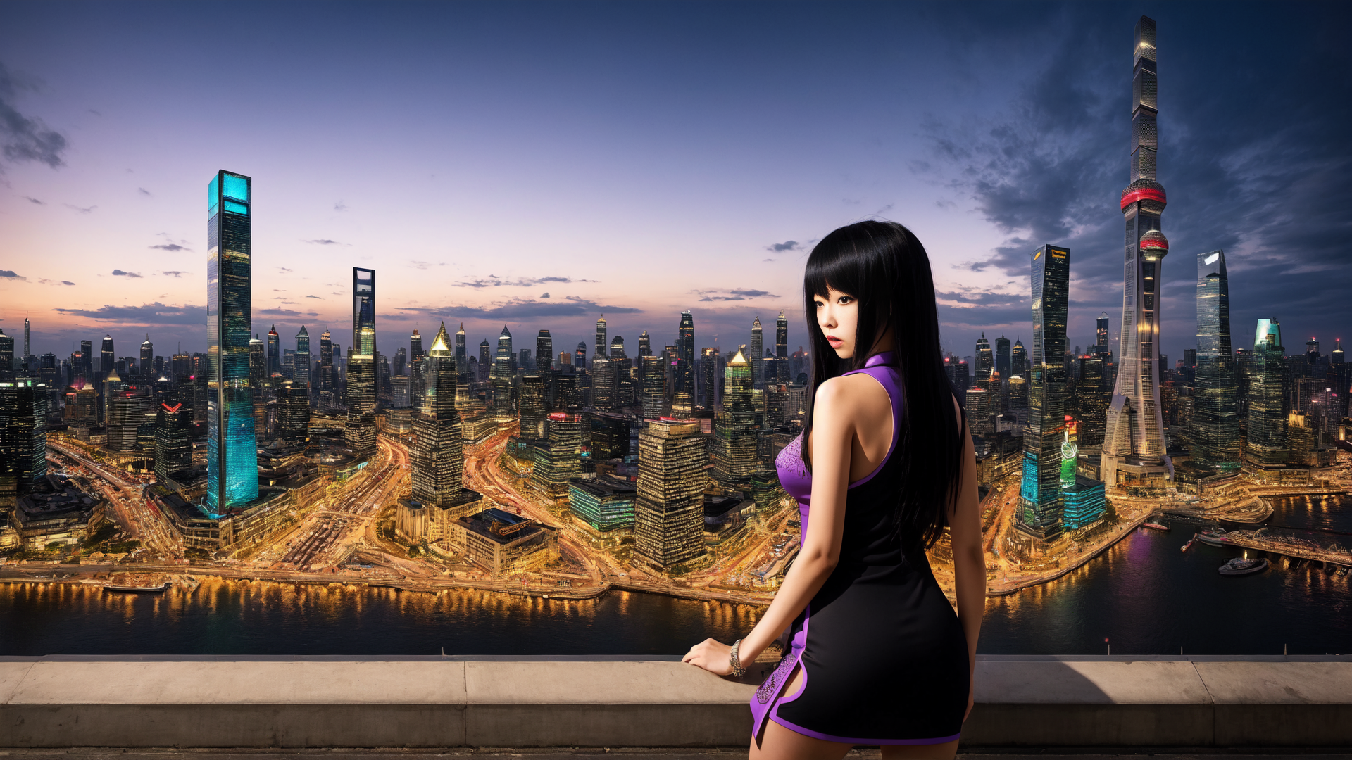 AI generated wallpaper featuring woman, cityscape, skyscrapers