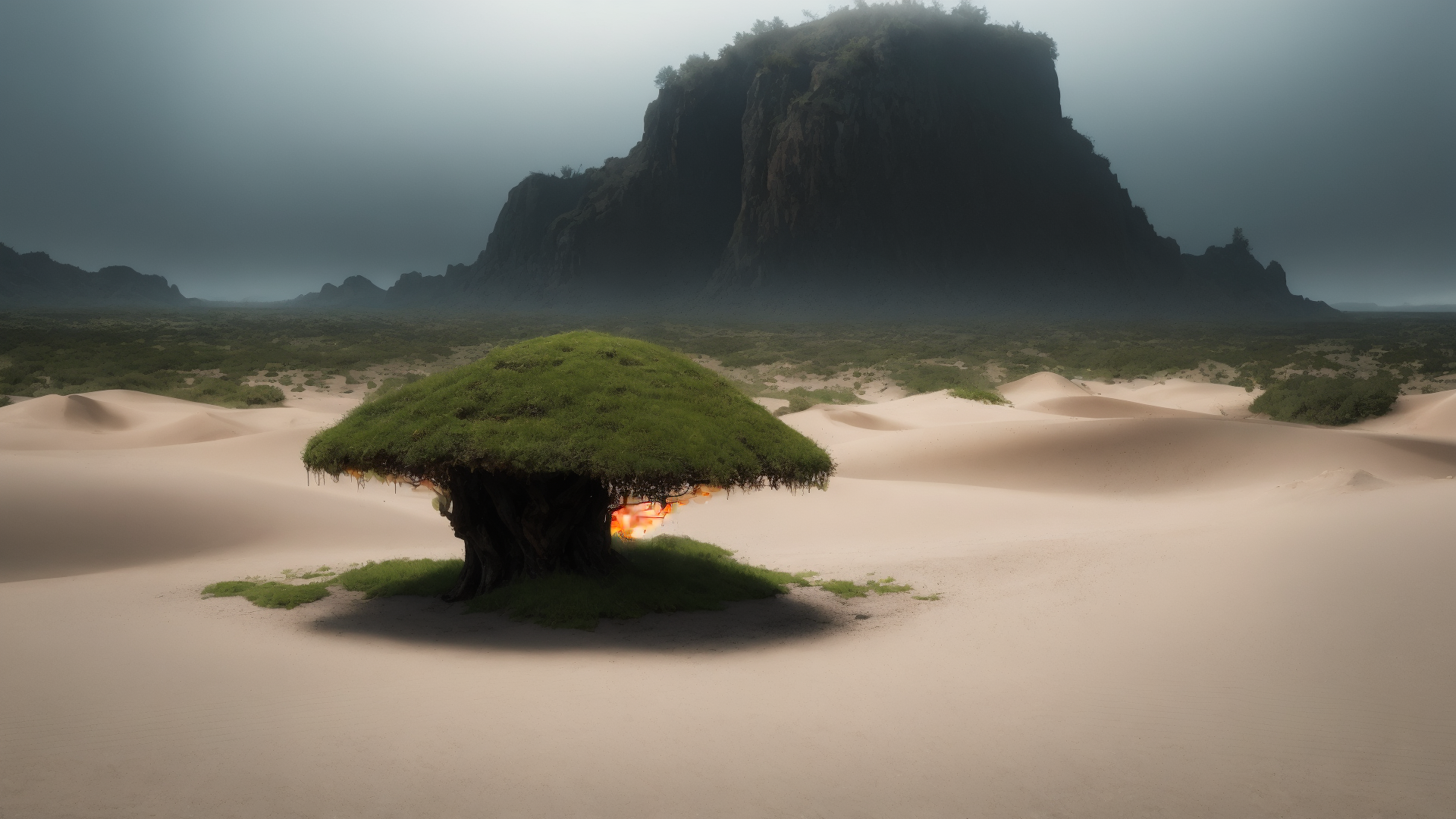 AI generated wallpaper featuring tree, sand, mountain