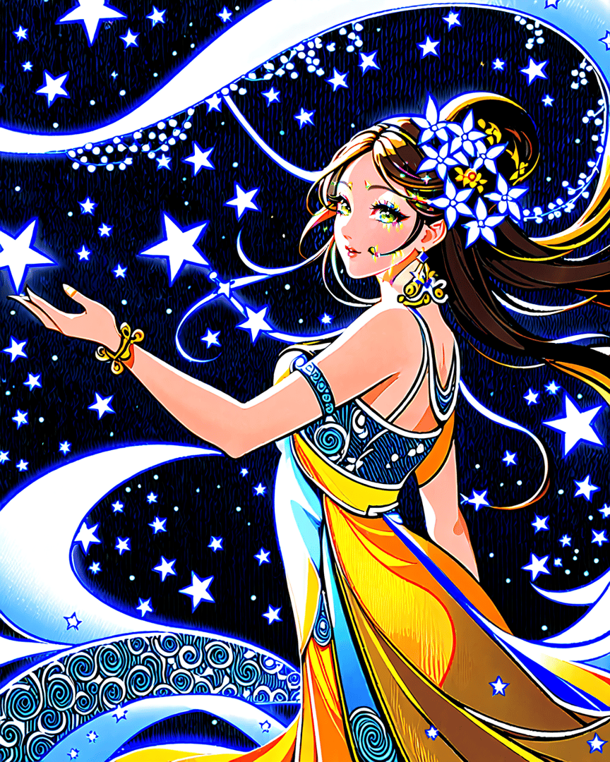 AI generated wallpaper featuring woman, stars, moon, dress, flower, hair