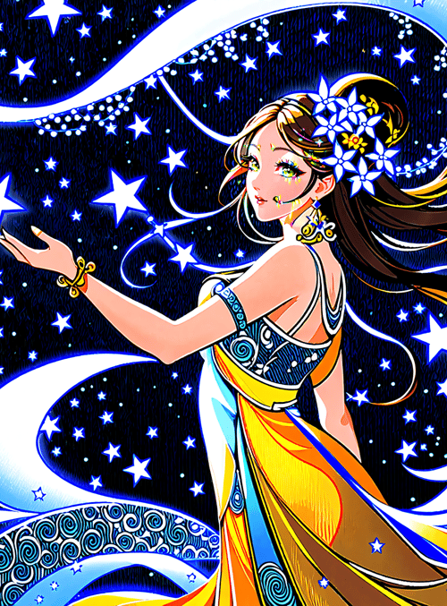 woman, stars, moon, dress, flower, hair
