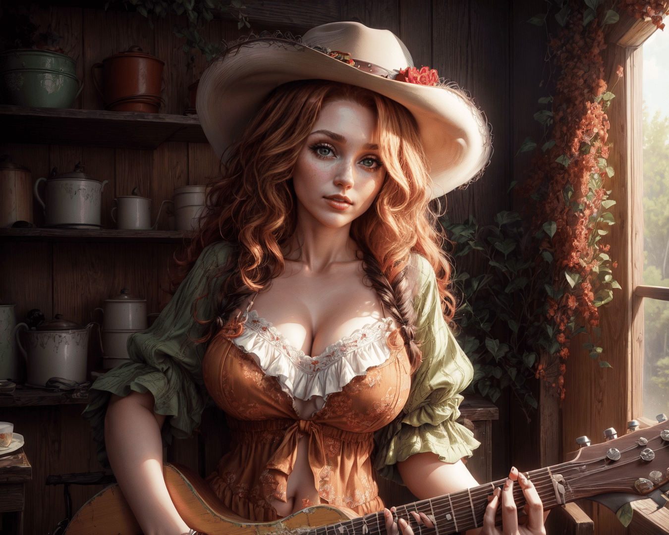 AI generated wallpaper featuring woman, guitar, cowboy_hat