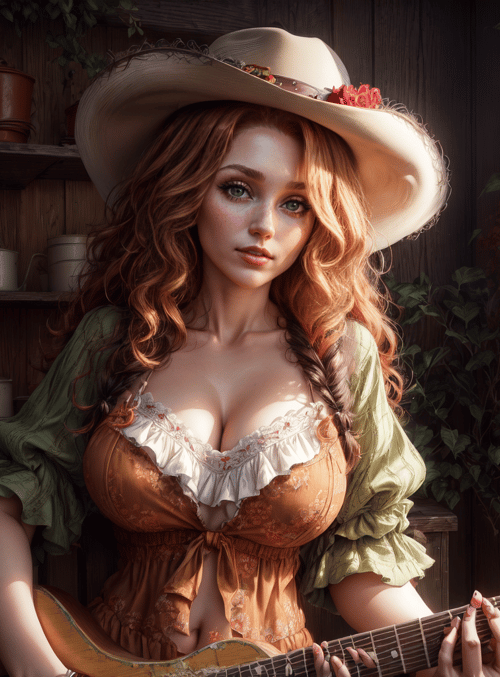 woman, guitar, cowboy_hat
