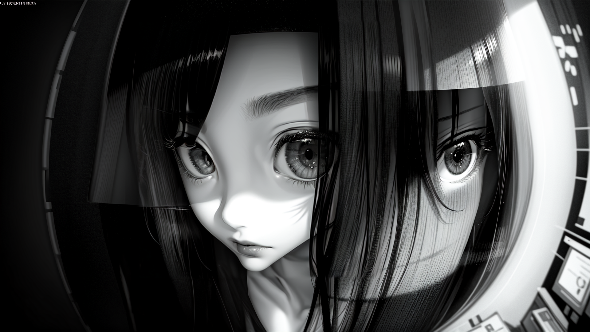 AI generated wallpaper featuring anime girl, cyberpunk, mirror