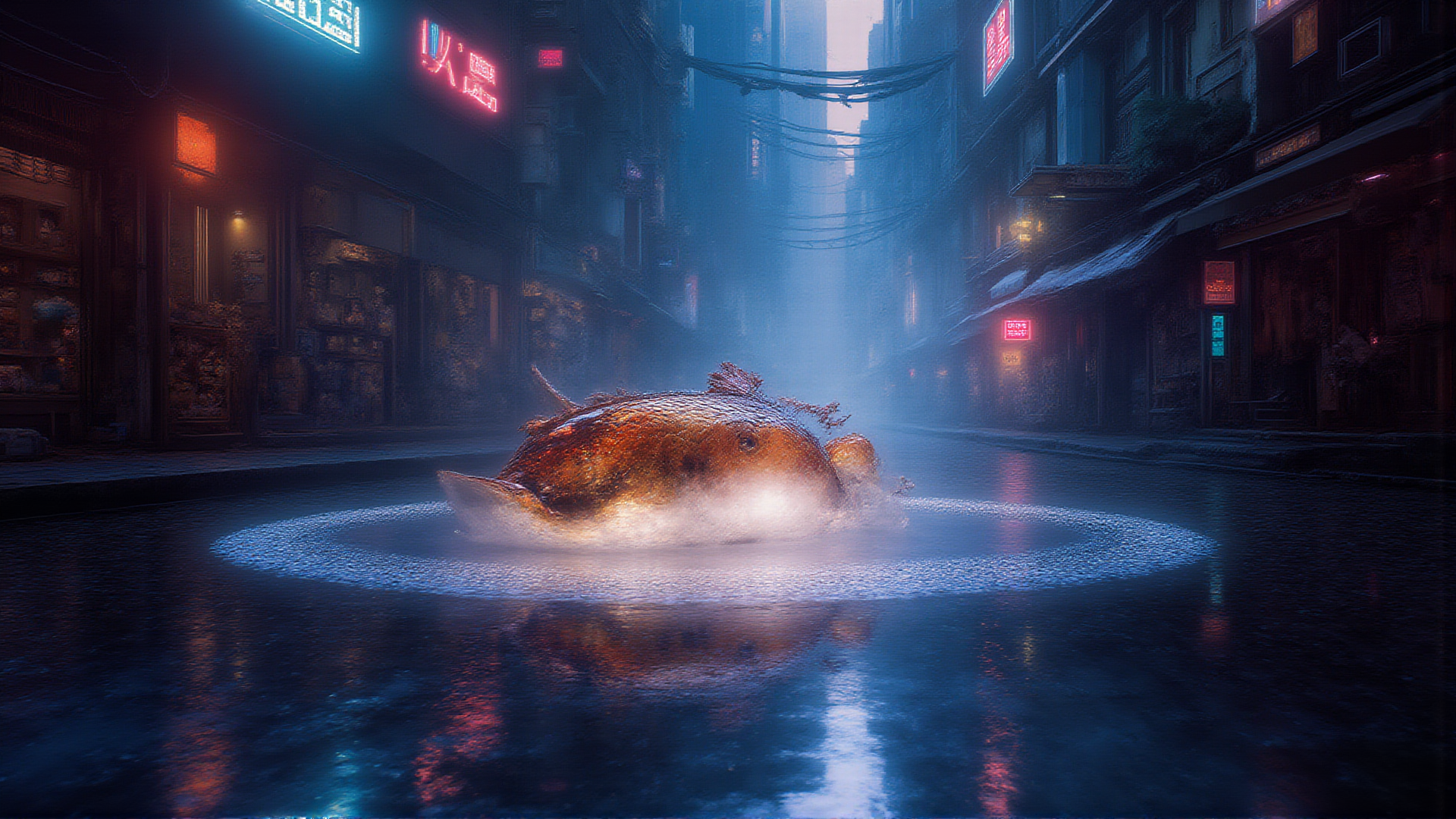 AI generated wallpaper featuring fish, street, neon, city, water, building