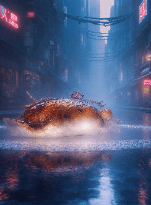 fish, street, neon, city, water, building