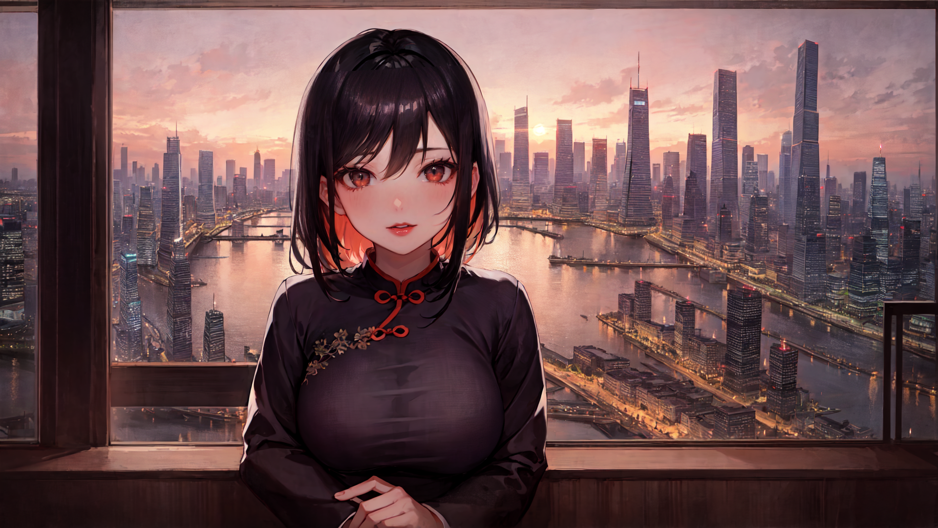 AI generated wallpaper featuring girl, cityscape, window