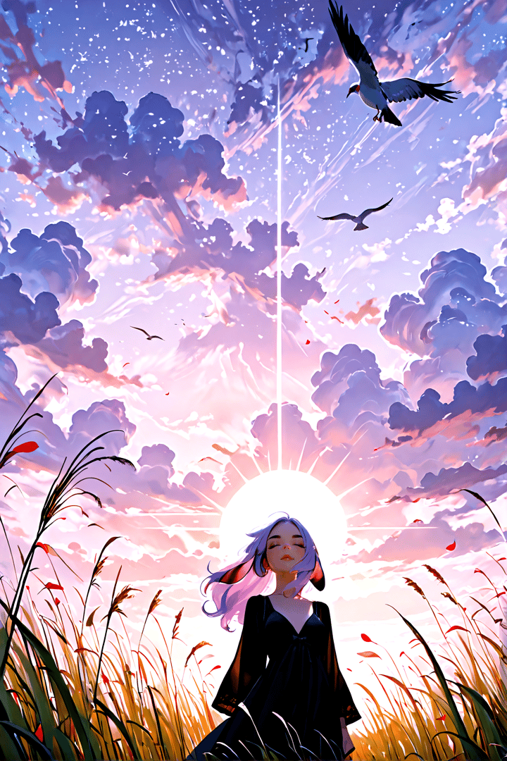 AI generated wallpaper featuring girl, sun, clouds, birds, grass