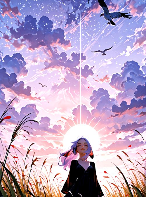 girl, sun, clouds, birds, grass