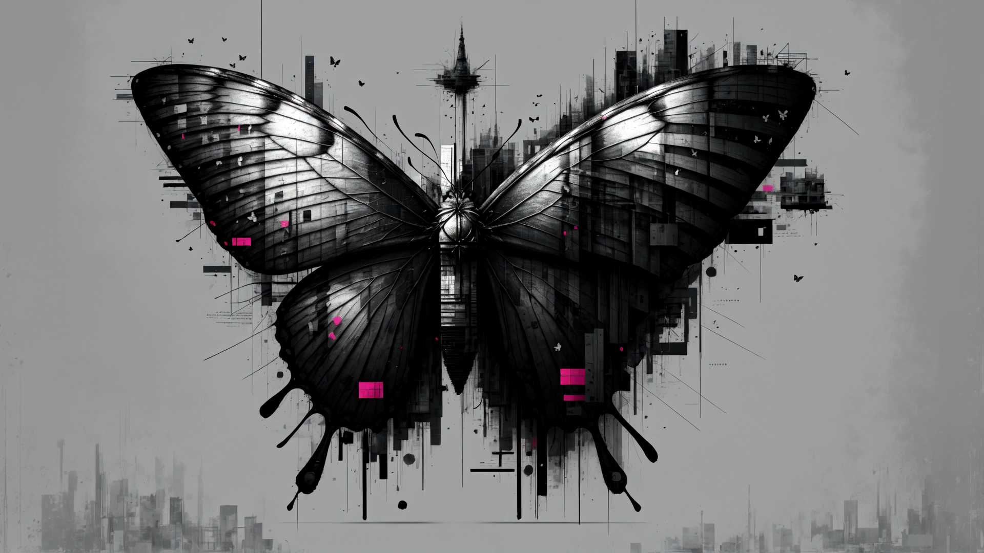 AI generated wallpaper featuring butterfly, cityscape, buildings